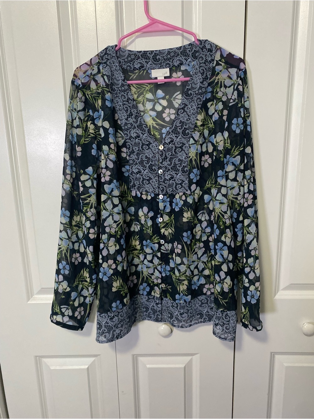 J Jill Navy Floral Lace V-Neck Peasant Blouse